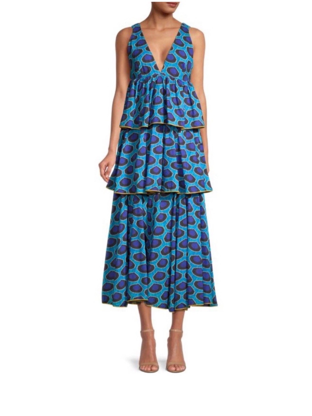 RHODE Leela Print Tiered Midi Dress Blue Teal Abstract Boho Size S
